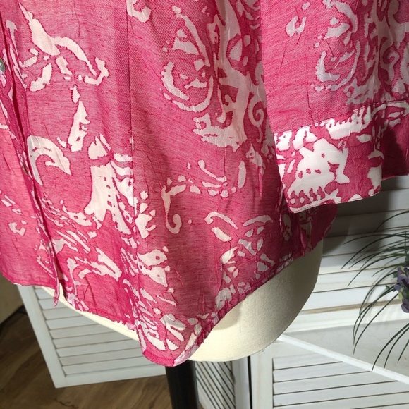 Chico's Abstract Linen Blend Button Down Shirt Pink White Extra Large - Picture 8 of 10